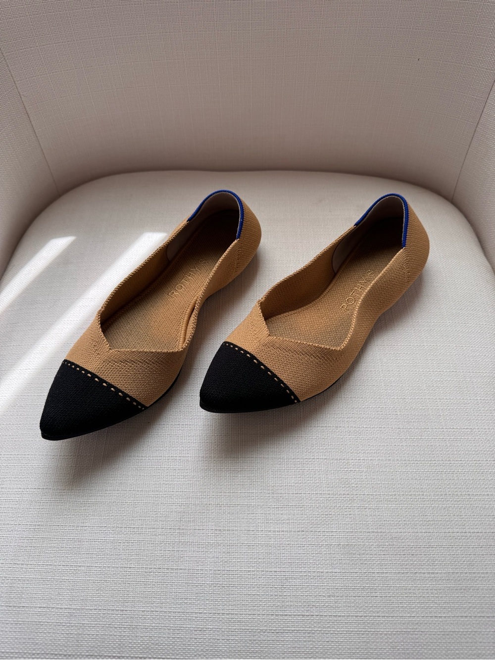 Rothy’s Tan and Black Pointed Toe Women’s Flats